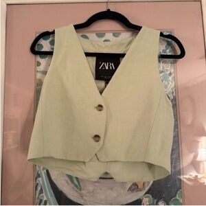ZARA Pale Green V-Neck Button Crop Vest